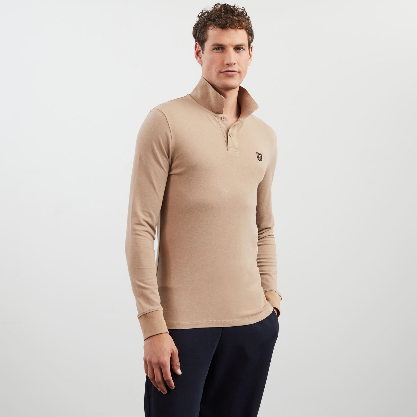 Beige long-sleeved polo shirt