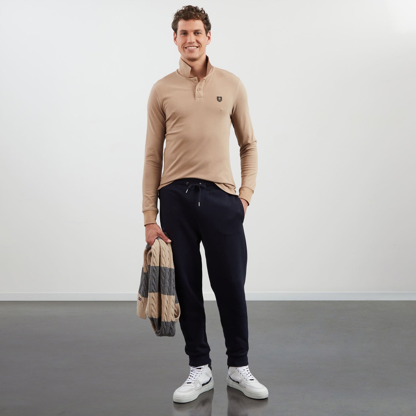 Beige long-sleeved polo shirt