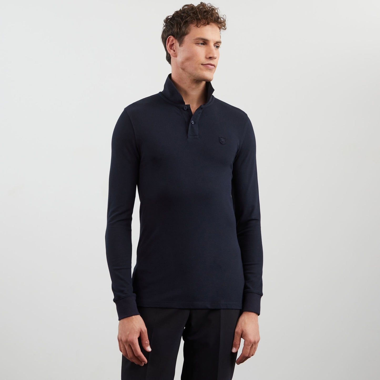 Navy blue long-sleeved polo shirt
