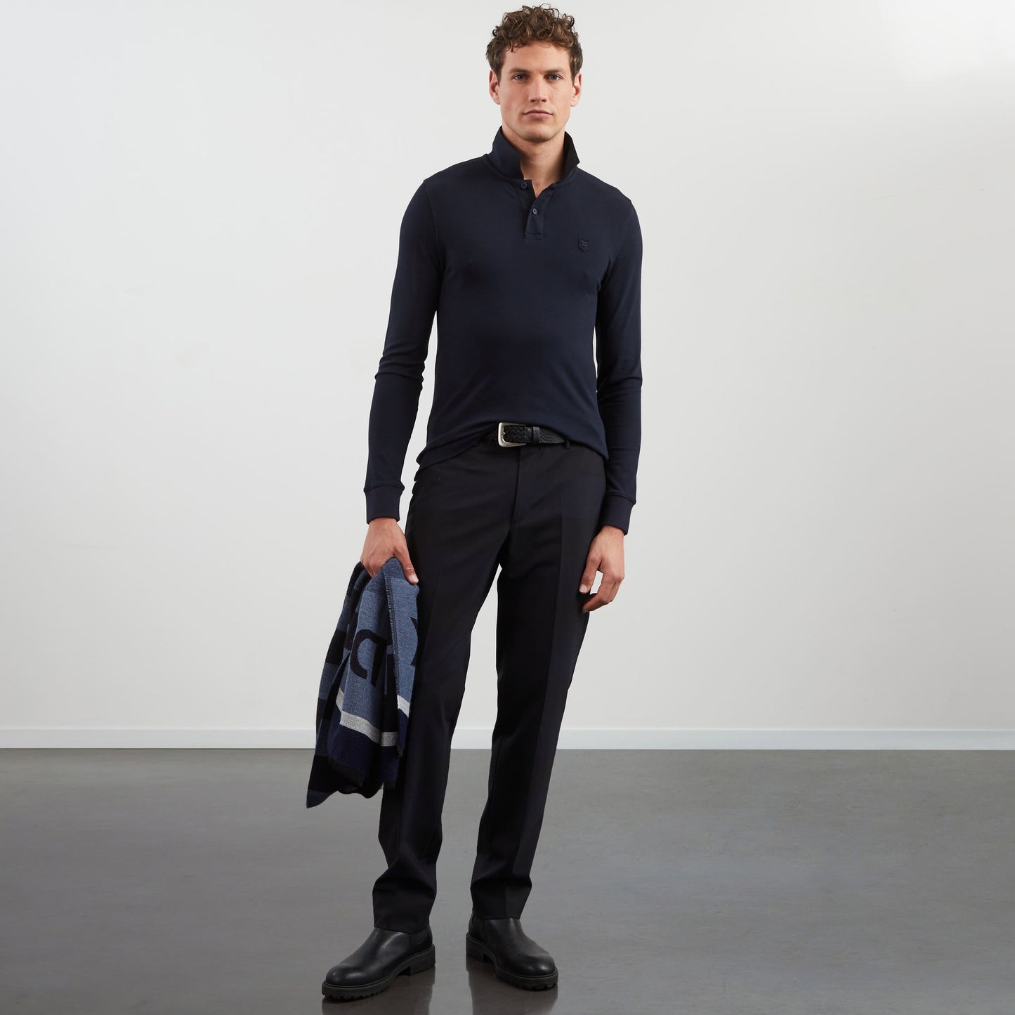 Navy blue long-sleeved polo shirt