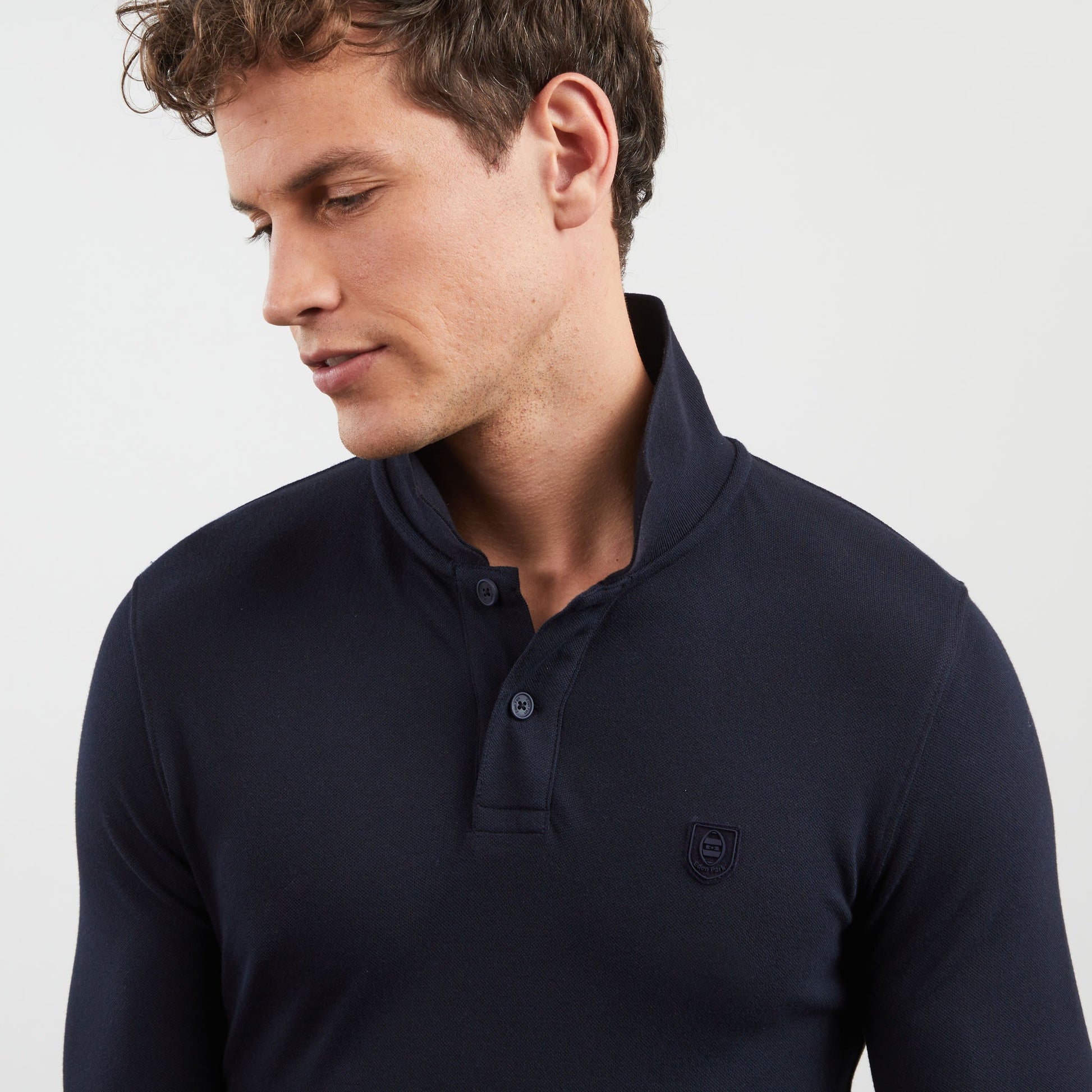 Polo manches longues Slim en coton uni bleu marine