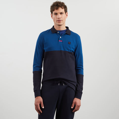 Polo bleu colorblock à inscription jacquard - Image 1