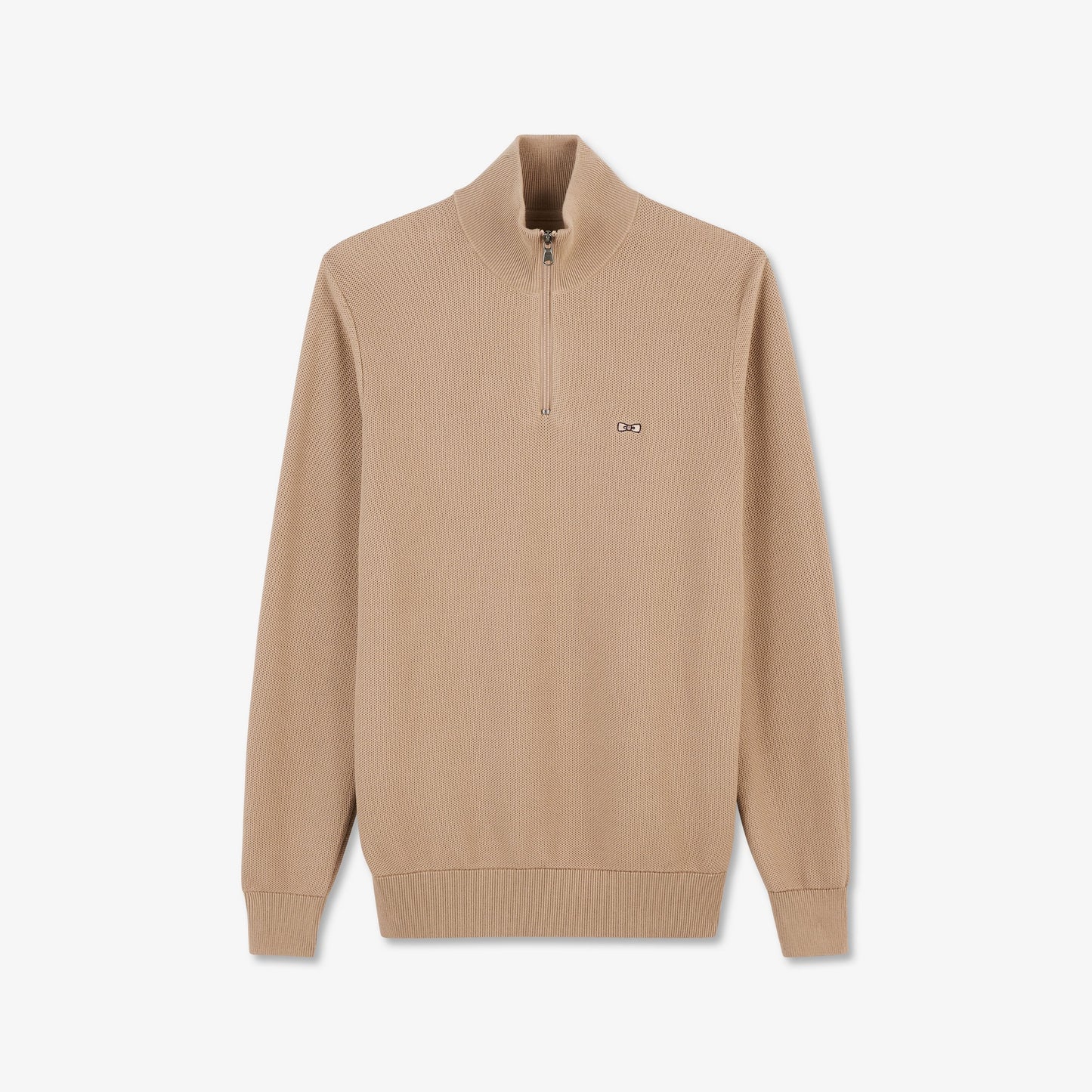 Beige zip-neck jumper in decorative cable knit