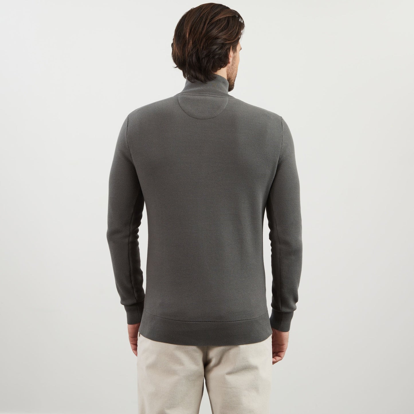 Grey zip-neck jumper in decorative cable knit