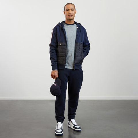 Sweat bleu foncé bimatière à détails tricolores - Image 1