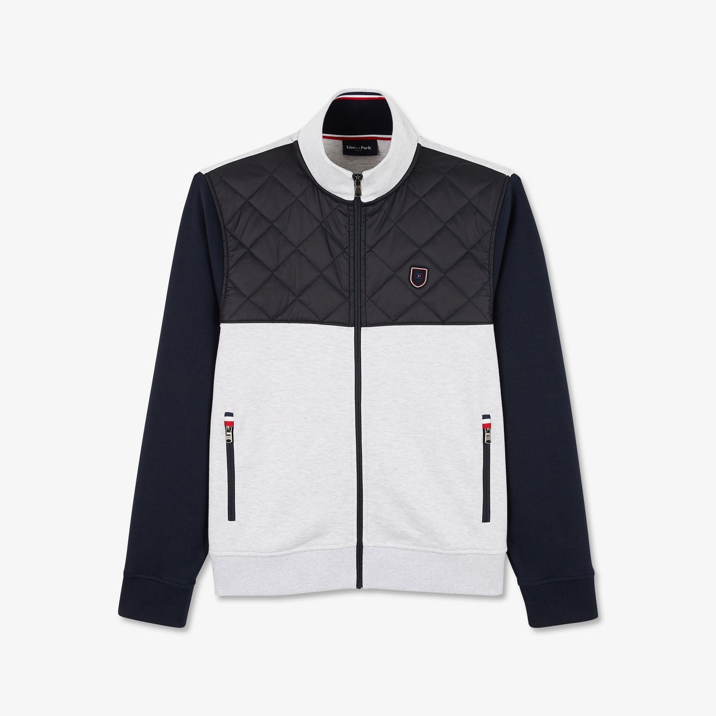 Sweat gris clair zippé bimatière à détails tricolores