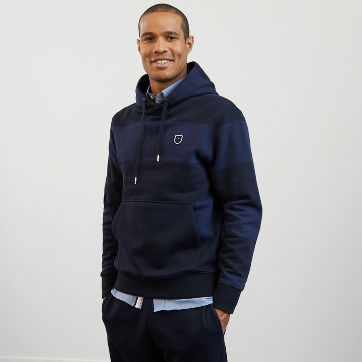 Sweat bleu foncé cerclé à capuche