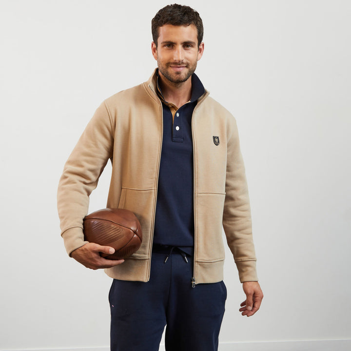 Sweat beige zippé à col montant