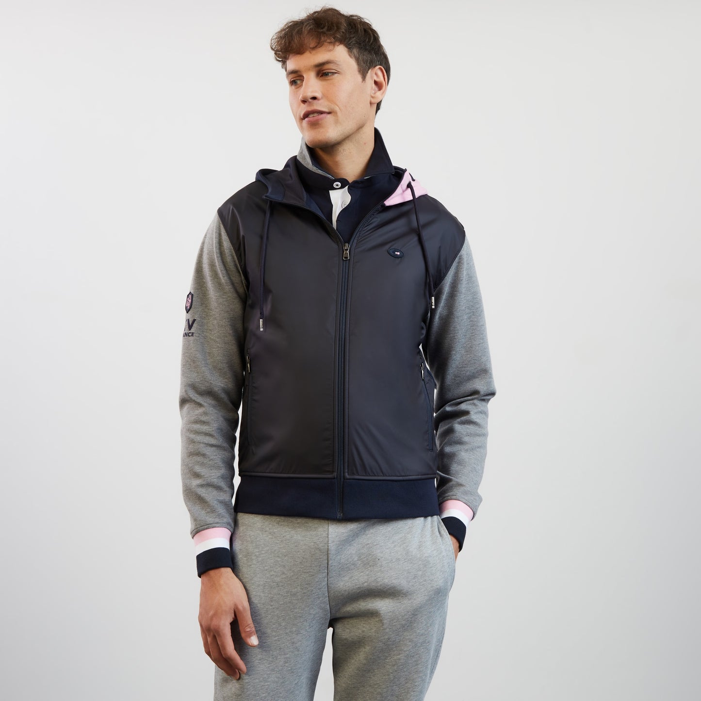 Sweat gris colorblock zippé à capuche