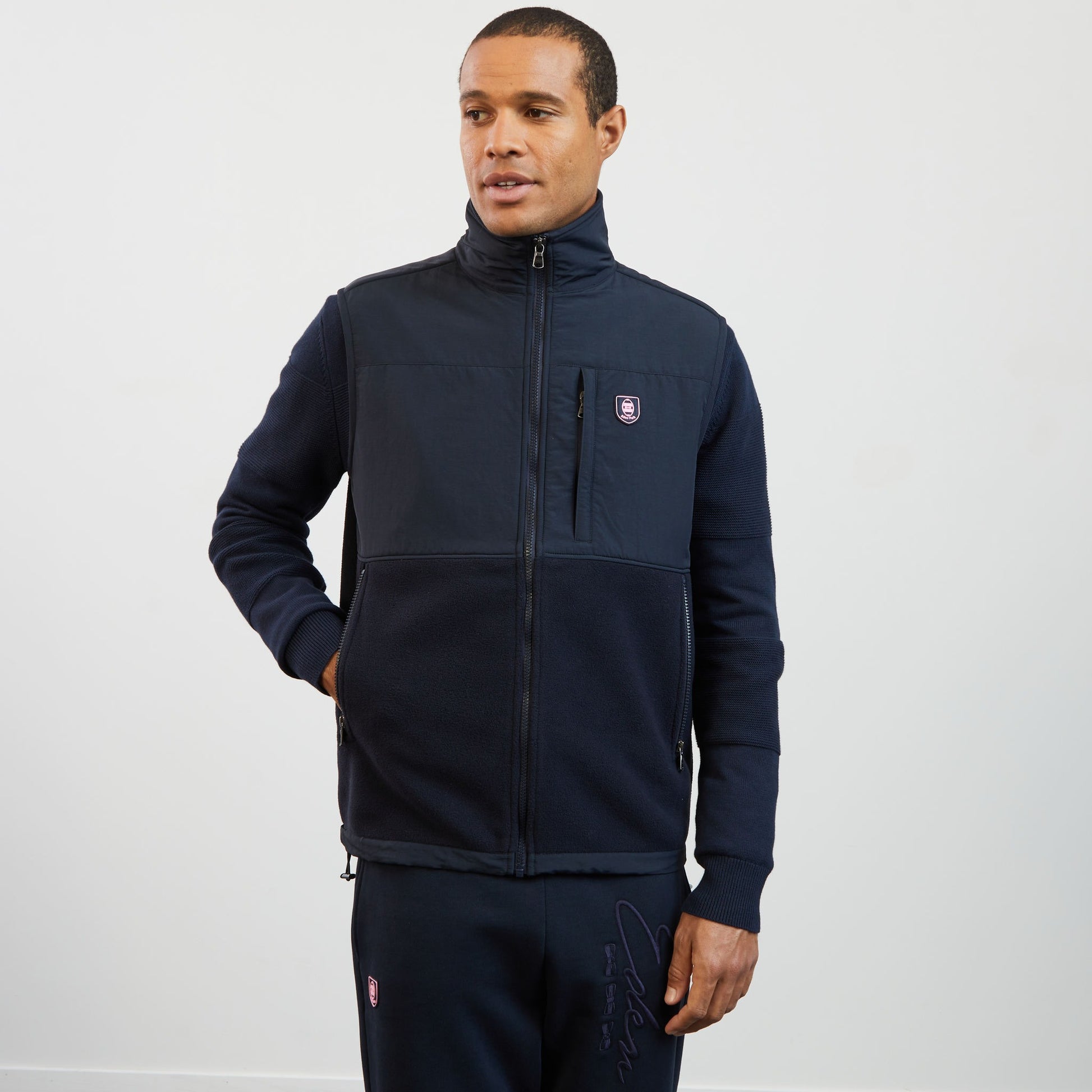 Sweat bleu foncé bimatière sans manches