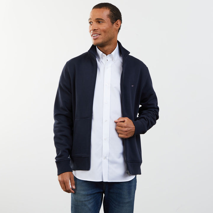 Sweat bleu foncé zippé à col montant