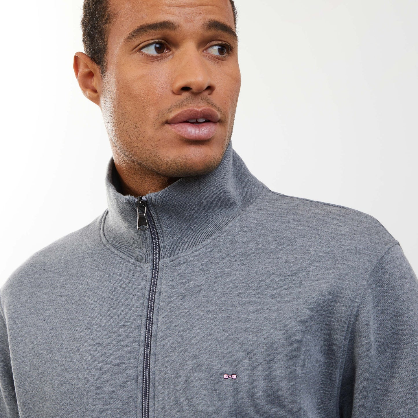 Grey zip sweatshirt with stand-up collar