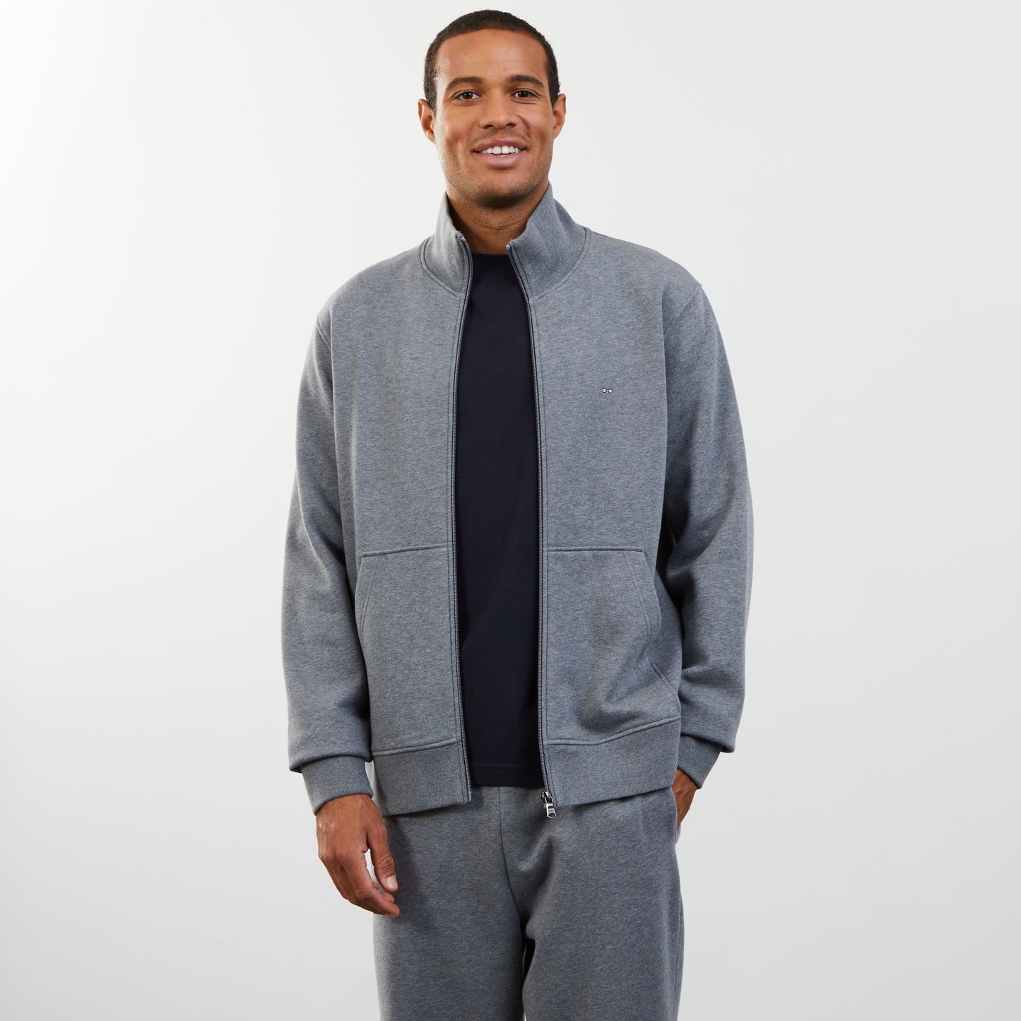 Grey zip sweatshirt with stand-up collar