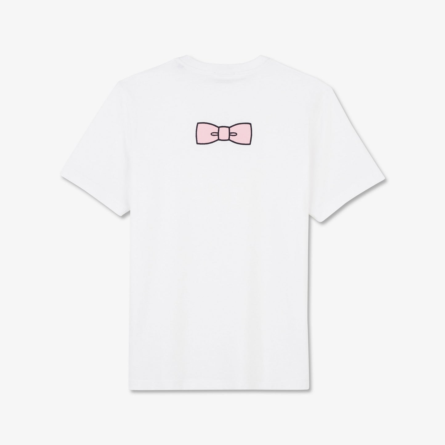 White T-shirt with embroidered bow tie on the back