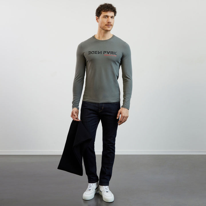 T-shirt gris manches longues à inscriptions flockées relief