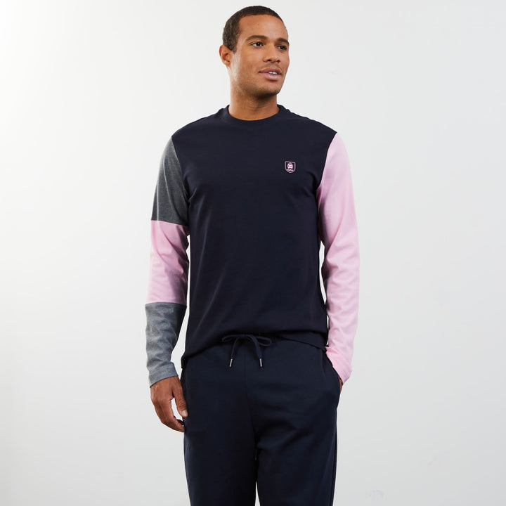 T-shirt manches longues colorblock rose à logo écusson