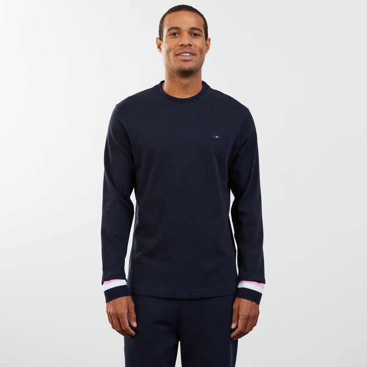 T-shirt colorblock bleu foncé manches longues détails tricolores