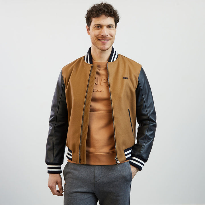 Blouson marron bi-matière bicolore