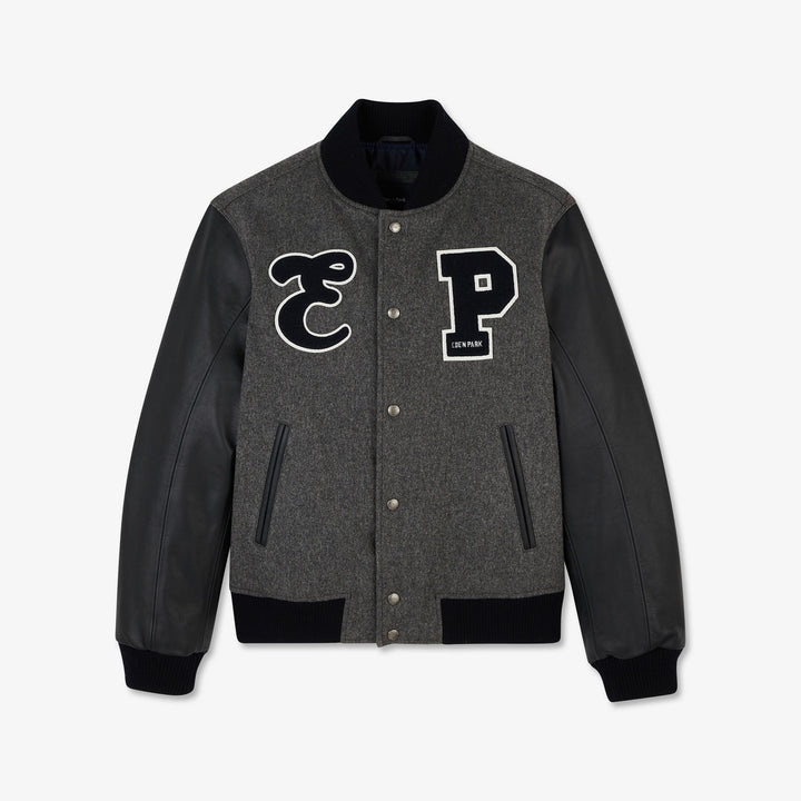 Blouson gris en cuir et en feutrine