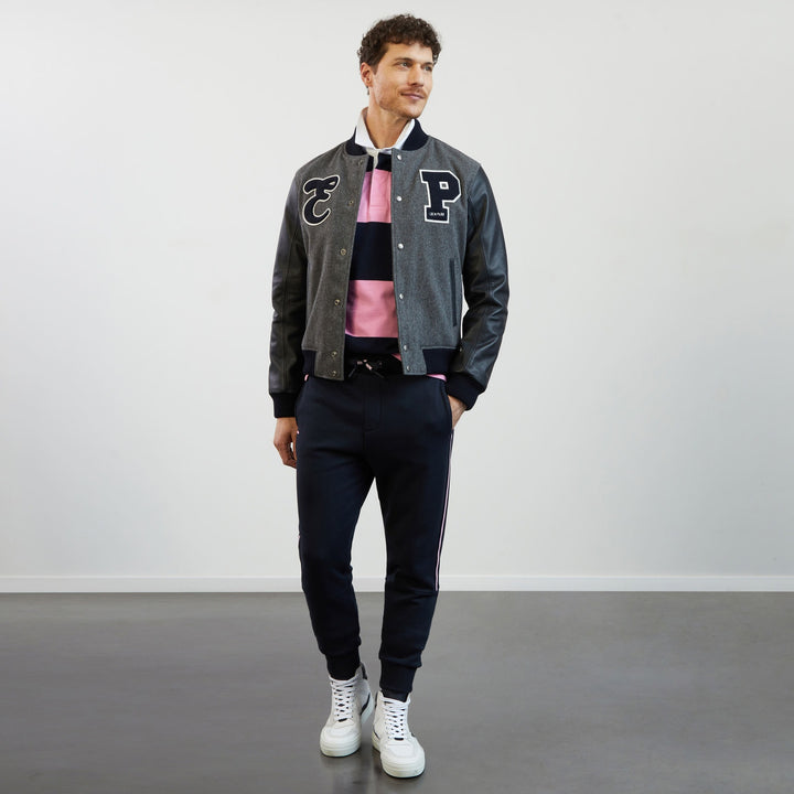 Blouson gris en cuir et en feutrine