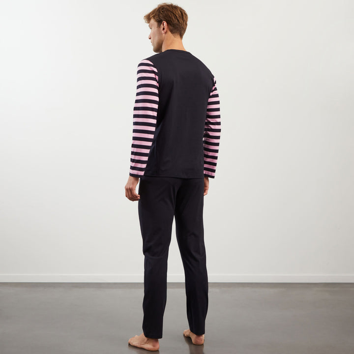 Pyjama long bleu marine à rayures roses