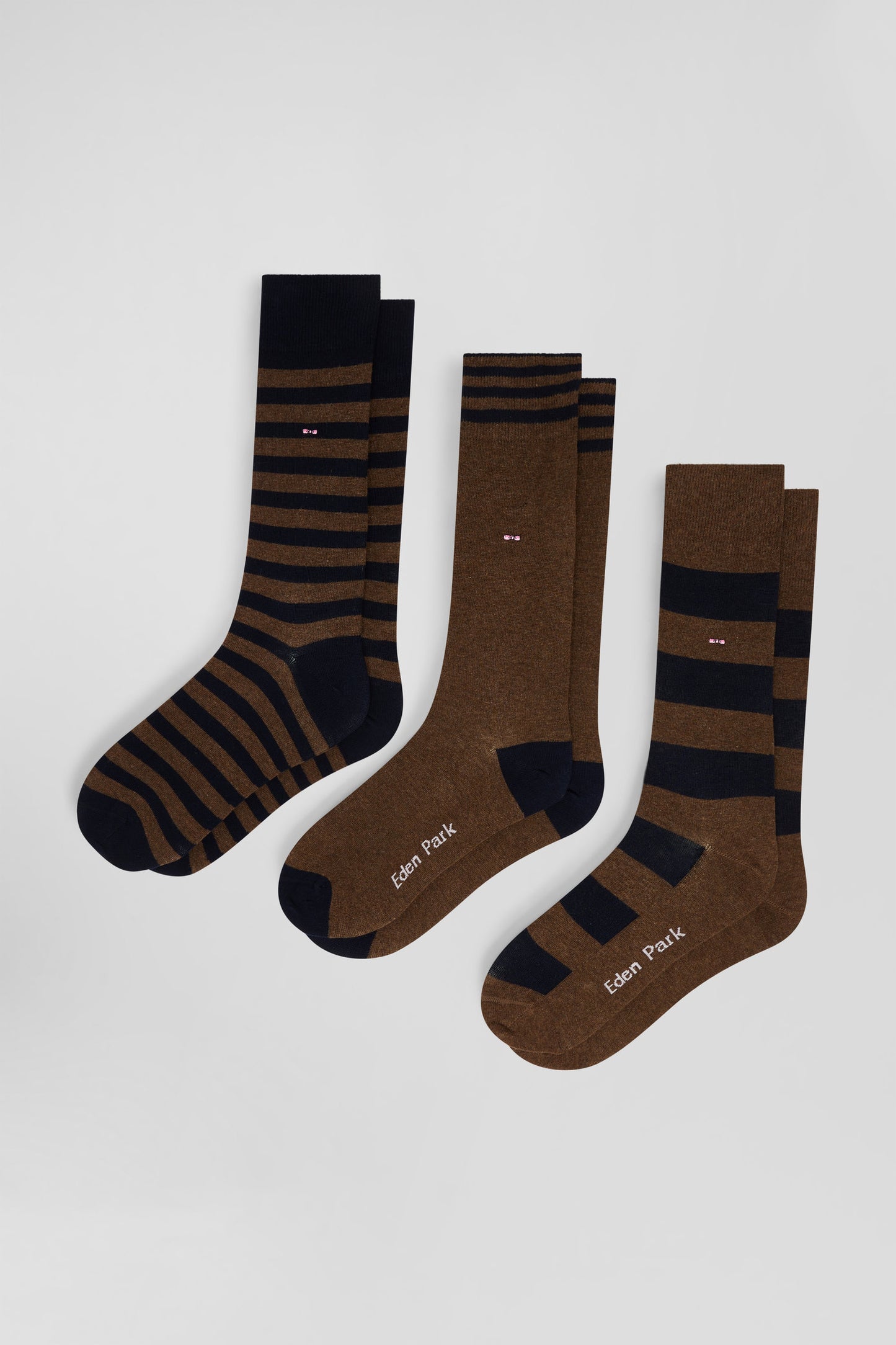 Set of 3 pairs of striped brown stretch cotton socks