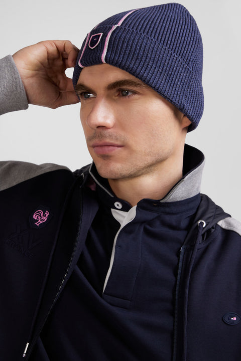 Navy blue cotton beanie with pink and white stripes - Image 2