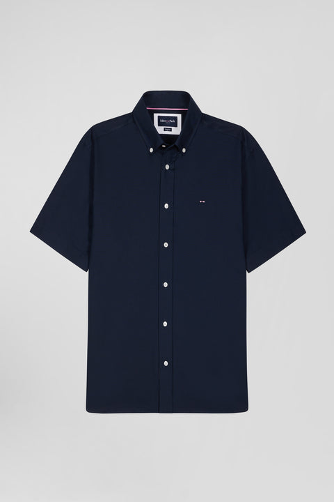 Regular navy blue cotton short-sleeved shirt with back embroidery - Image 2