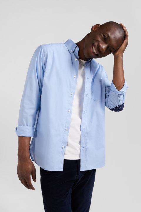 Regular sky blue cotton poplin shirt with button-down collar and printed elbow patches - Image 3