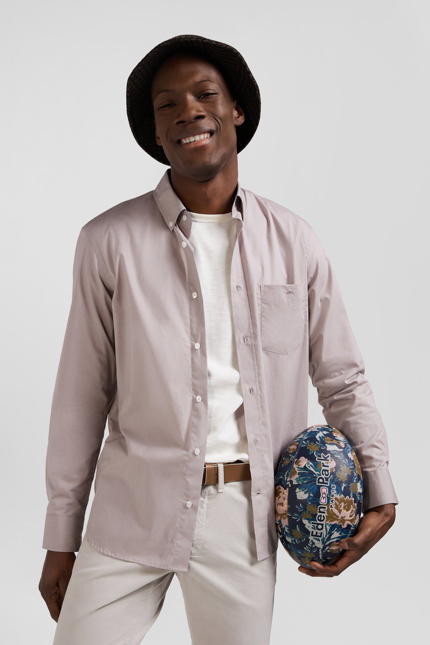 Regular grey cotton poplin shirt with button-down collar and printed elbow patches