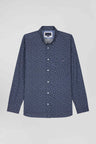 Regular navy cotton poplin shirt with micro floral print