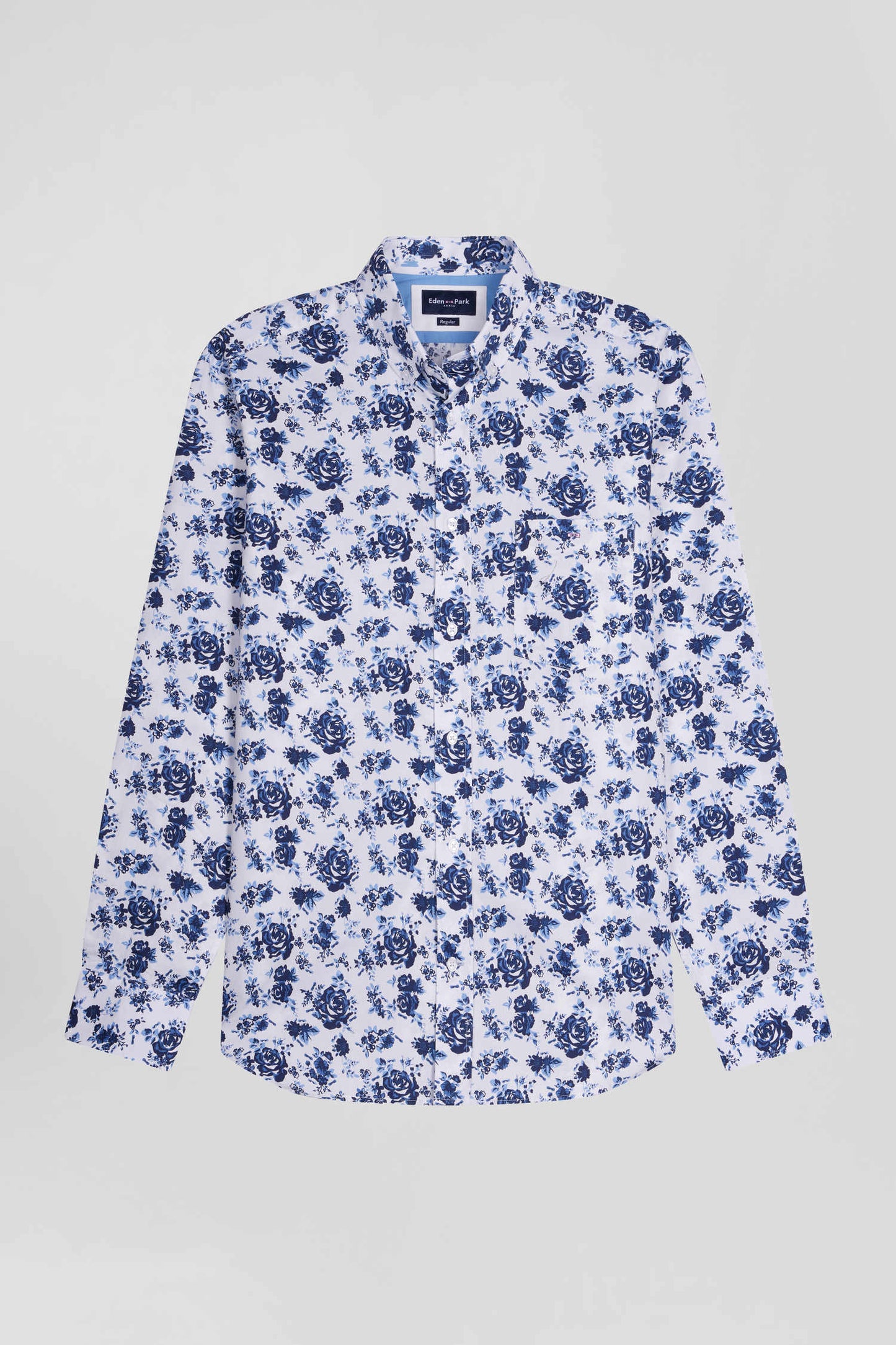 Regular white cotton twill shirt with blue floral print