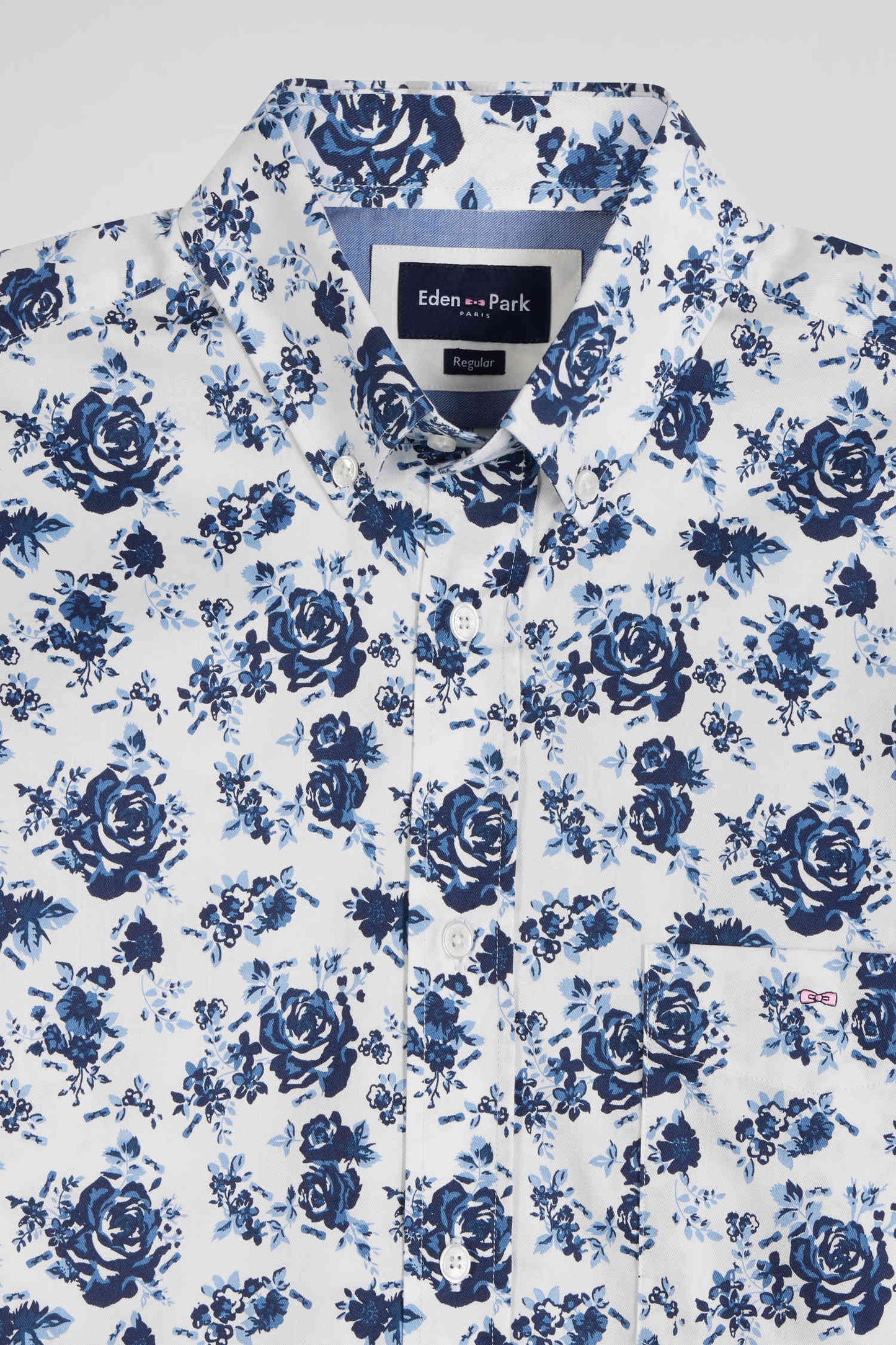 Regular white cotton twill shirt with blue floral print