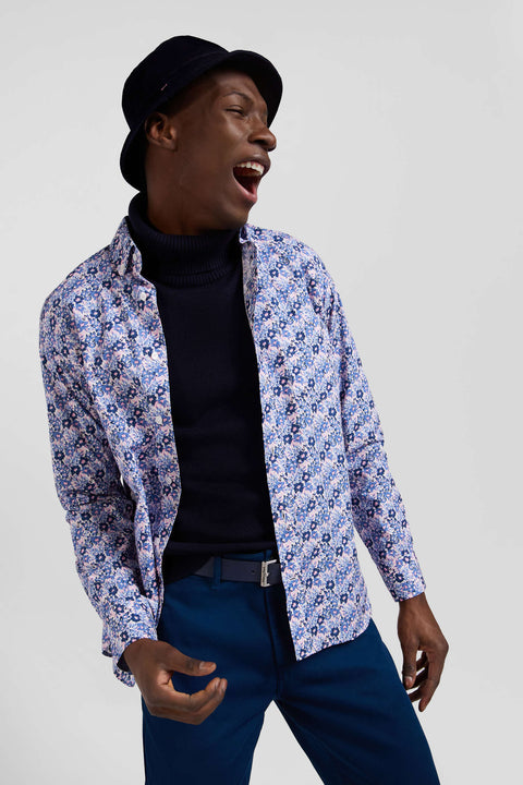Regular blue cotton poplin shirt with floral print - Image 3