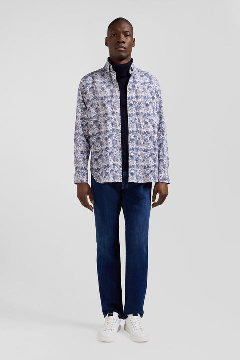 Regular ecru and blue cotton shirt with graphic print - Image 1