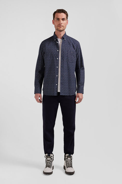 Regular navy blue cotton poplin shirt with micro bow tie print - Image 1