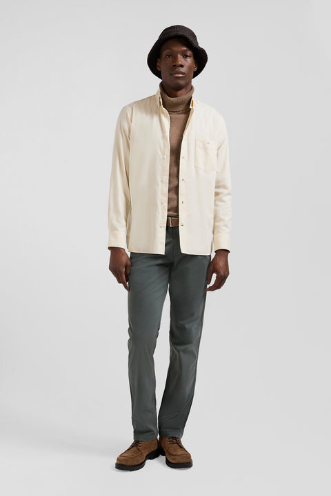 Regular plain beige cotton twill shirt with button-down collar - Image 1