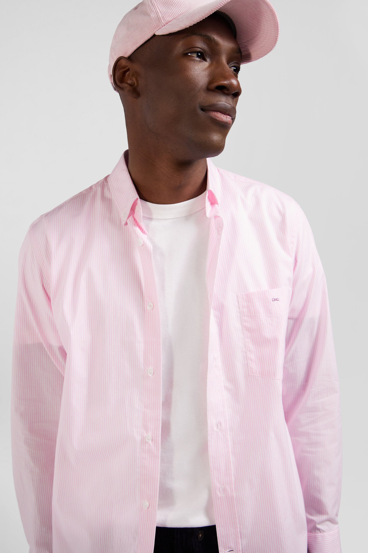 Chemise en coton jacquard raye rose coupe Regular