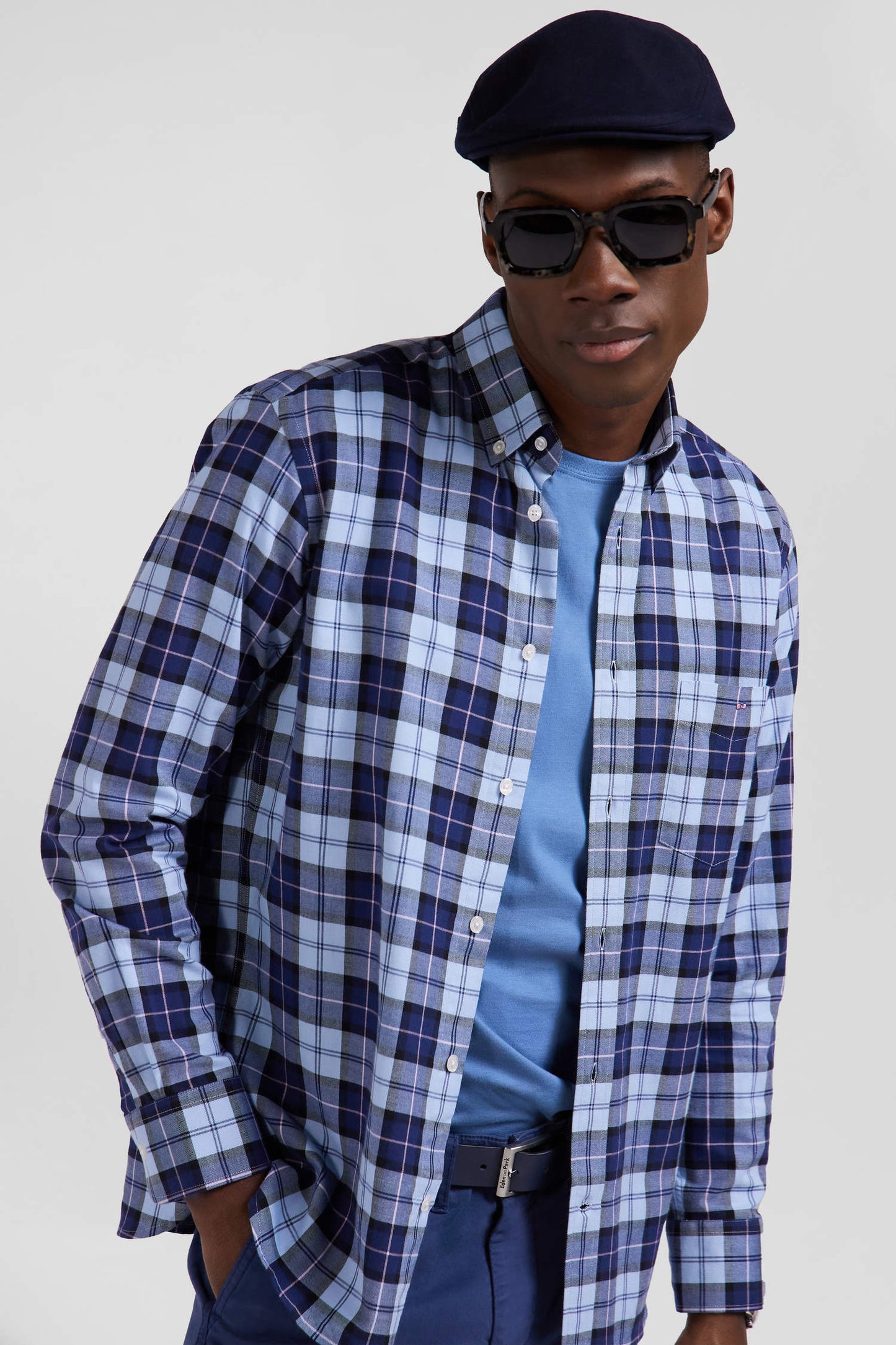 Regular sky blue checked cotton twill shirt