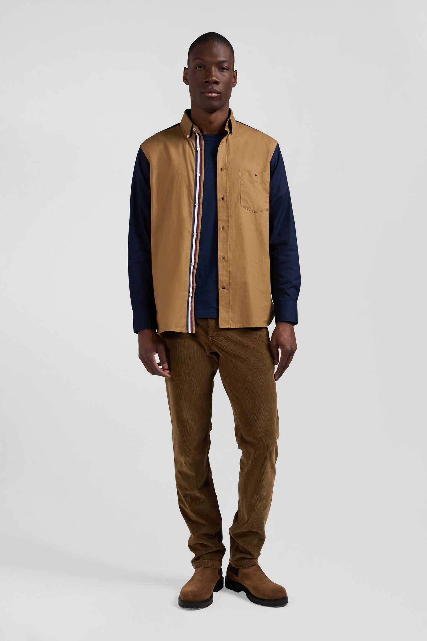 Chemise bicolore en coton pin point noisette coupe Regular broderie dos