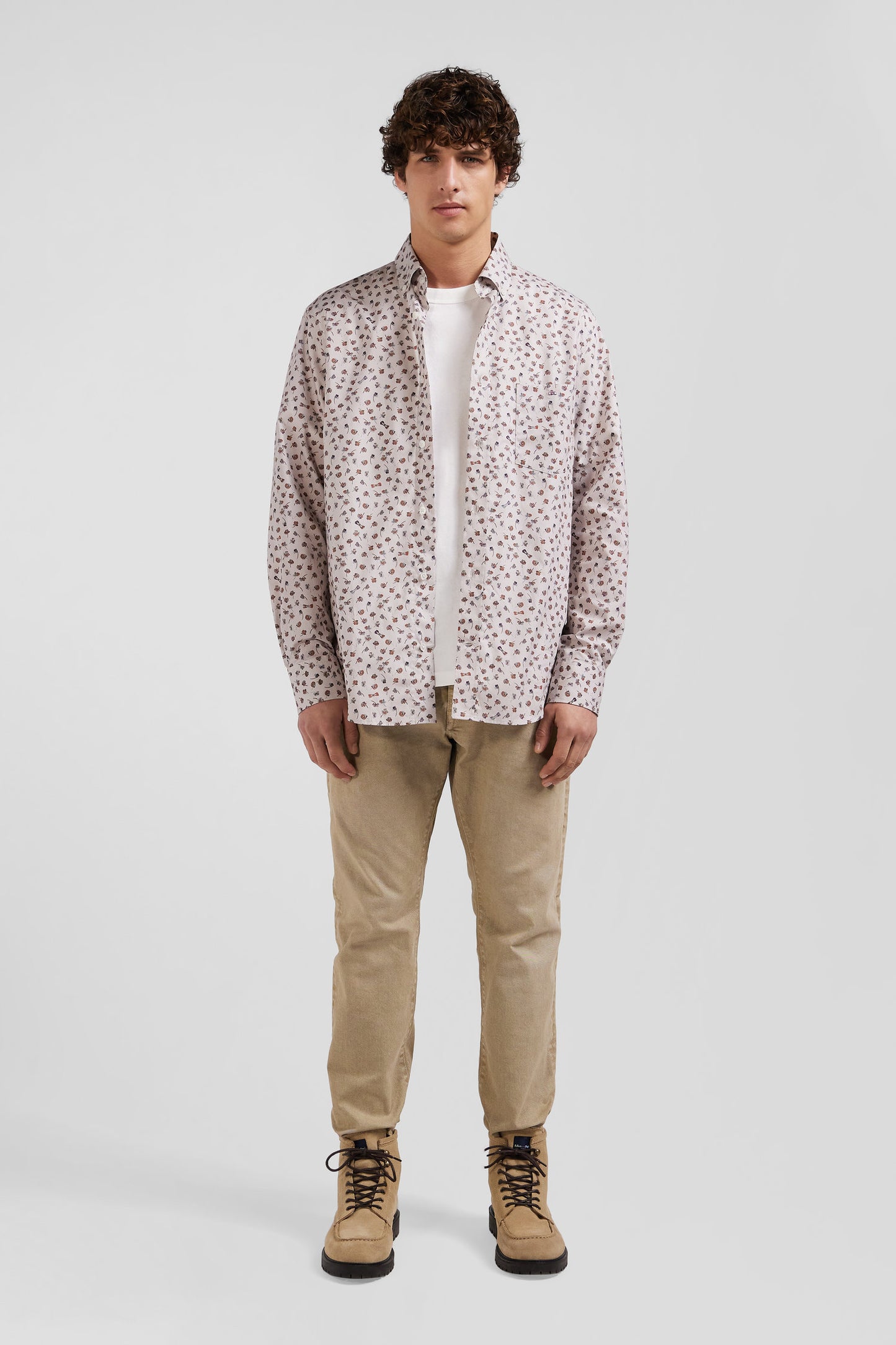 Regular beige cotton poplin shirt with microprint