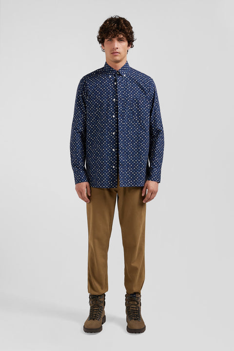 Regular navy cotton poplin shirt with micro floral print - Image 1