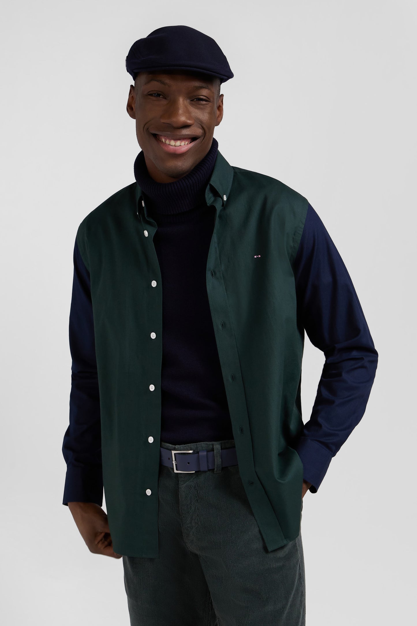 Regular green and navy oxford cotton shirt with back embroidery