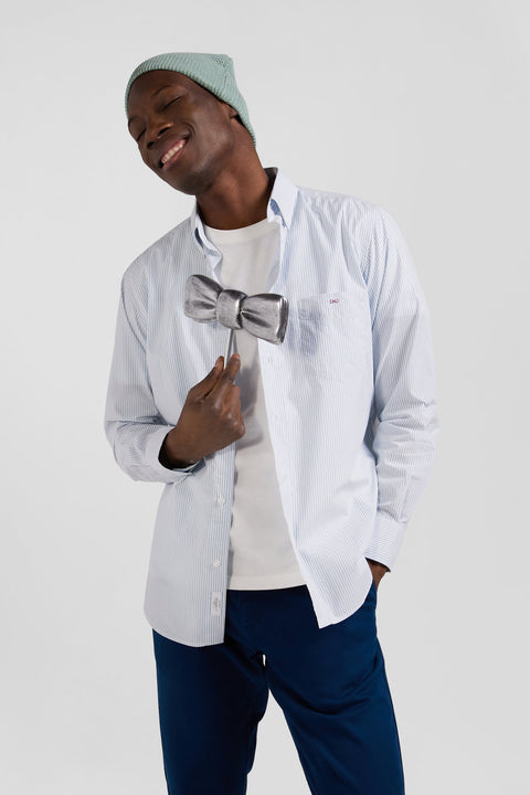 Regular sky blue striped cotton jacquard shirt - Image 3