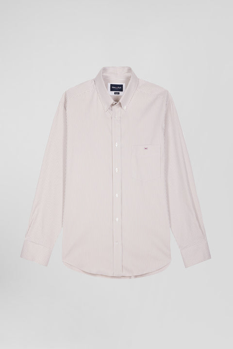 Regular beige cotton poplin shirt with baton stripes - Image 2