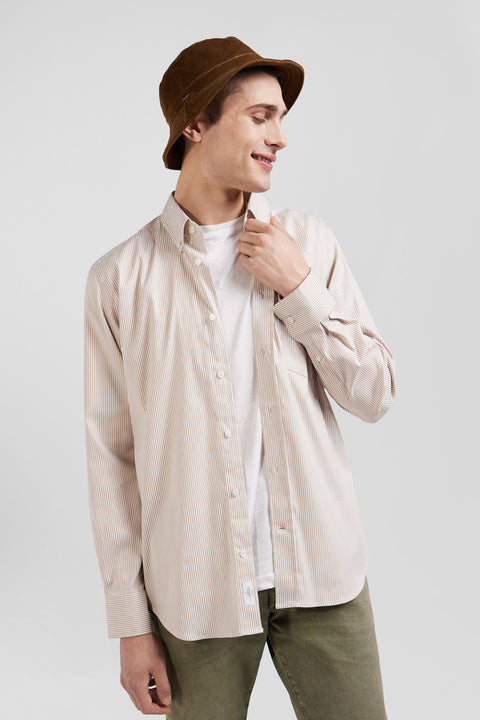 Regular beige cotton poplin shirt with baton stripes - Image 3