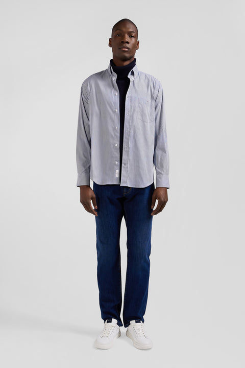 Regular navy blue cotton poplin shirt with baton stripes - Image 1