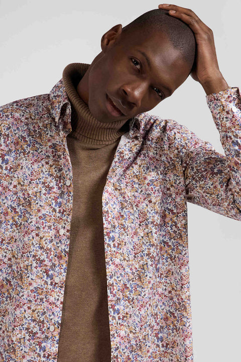 Chemise en coton à microimprimé beige coupe Regular - Image 3