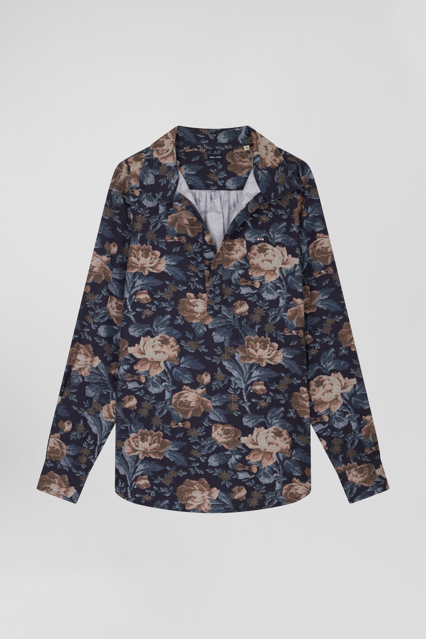 Relax navy blue floral print cotton flannel shirt