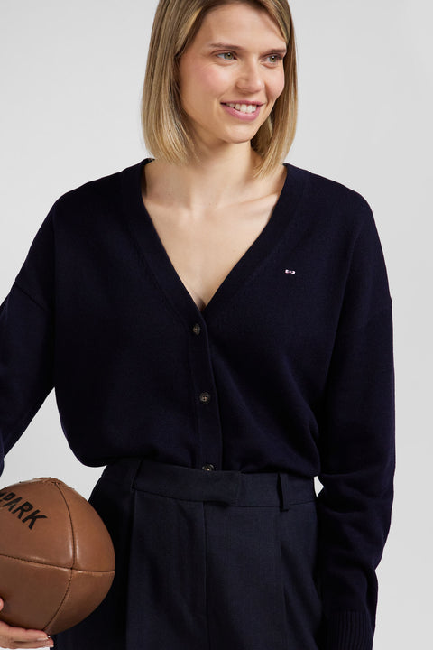 Cardigan en laine et coton bleu marine coupe Relaxed - Image 3